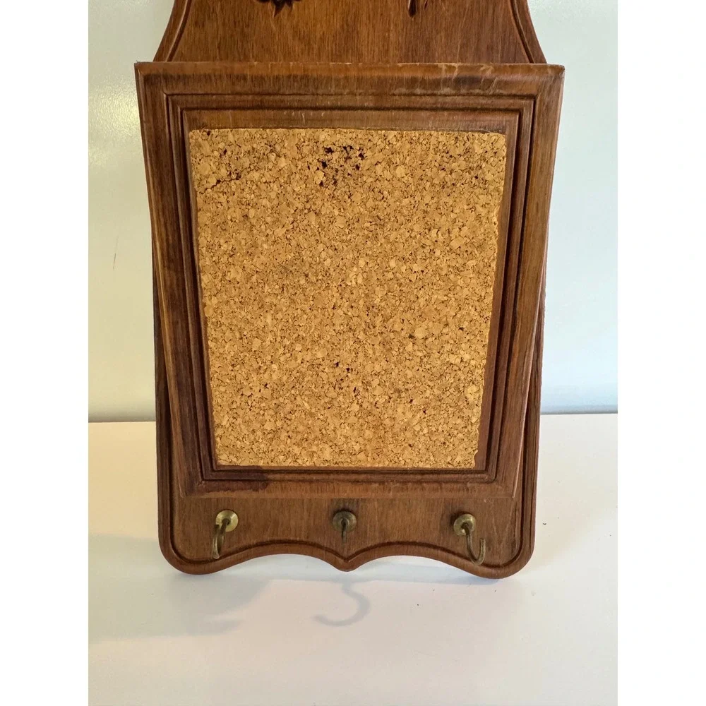 Vintage Wooden Owl Wall Organizer Mail Holder Cork Board Key Rack Rustic Decor